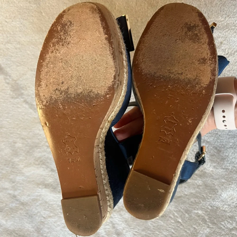 Tory Burch Blue Canvas and Leather Espadrille Wedge Ankle Strap Sandals